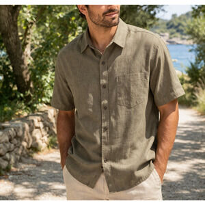 NWT ZEROYAA Men's Cotton Linen Short Sleeve Button Up Shirt Medium Sage Green